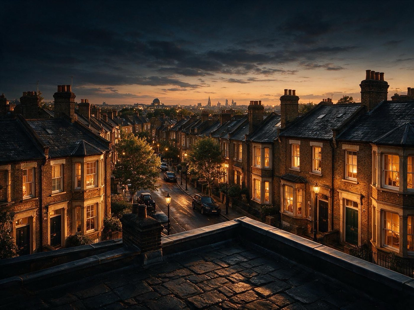 North London rooftops at golden hour