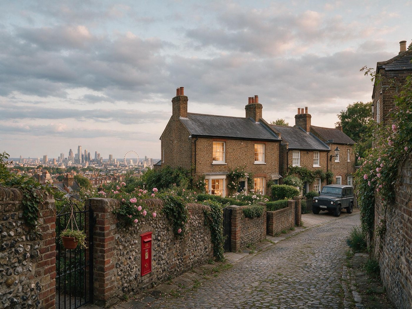 Village lane in Hampstead overlooking London