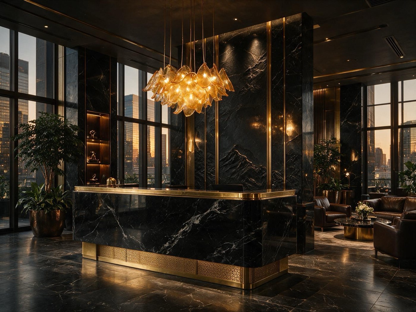 Black marble reception with golden pendant lights