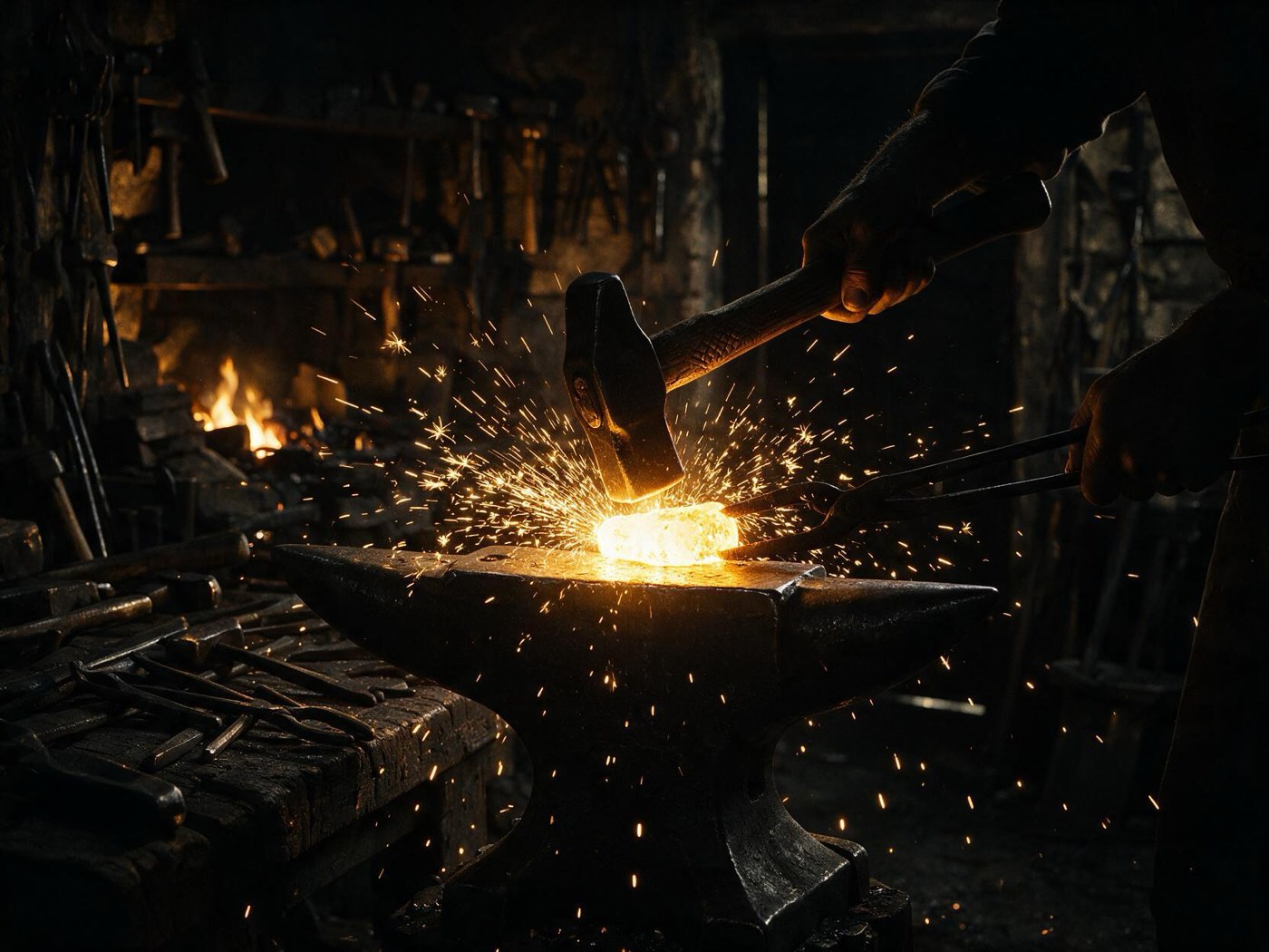 Golden sparks flying from a blacksmith's anvil