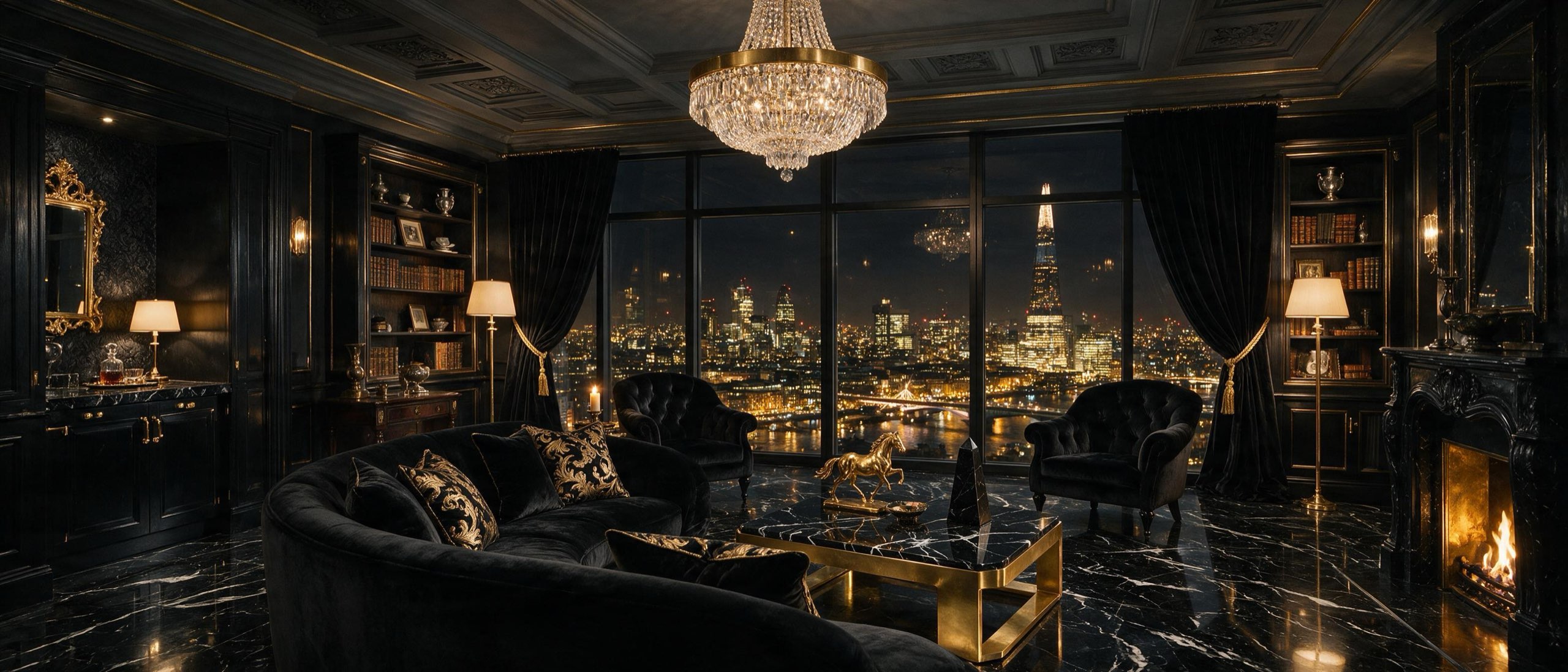 London skyline at night from a luxury penthouse