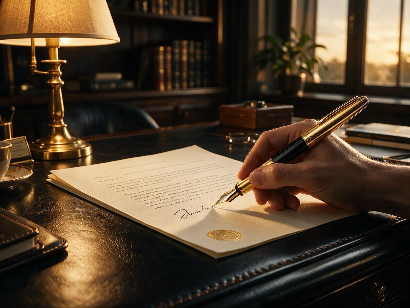 Gold fountain pen signing a document